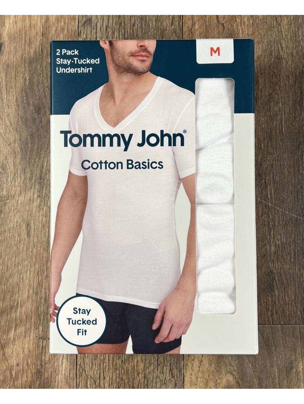 Tommy John Mens Cotton Basics 2 Pack Stay Tucked Undershirt Medium white Deep V